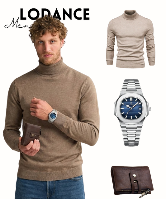 Pack Allure d’Hiver - Pull Col Roulé, Montre Métal & Portefeuille Cuir